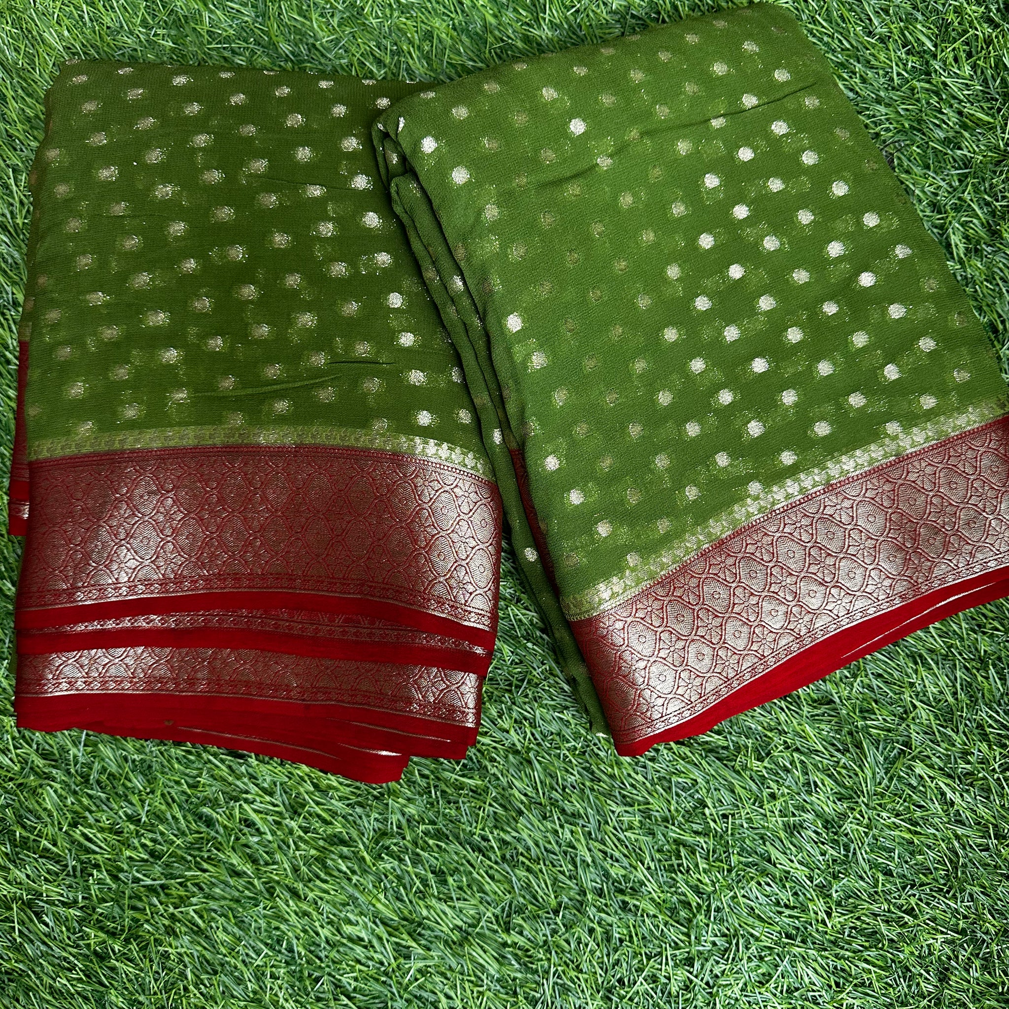 Semi Khadi georgette in green with pink