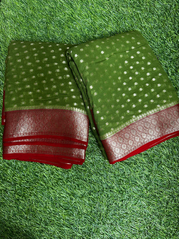 Semi Khadi georgette in green with pink