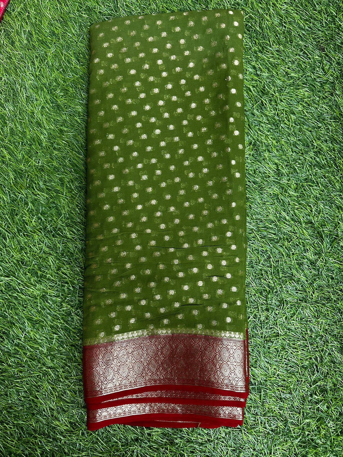 Semi Khadi georgette in green with pink