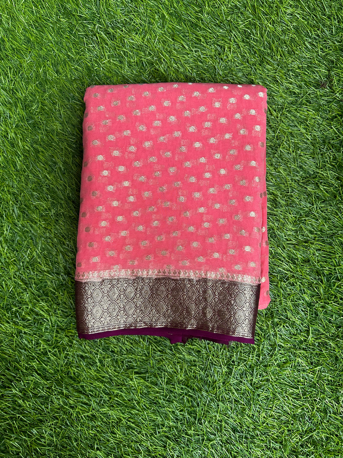 Semi Khadi georgette in pink with wine