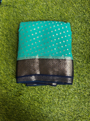 Semi Khadi georgette in Blue with navy blue