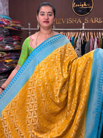 Mustard and sky blue premium quality semi khadi georgette