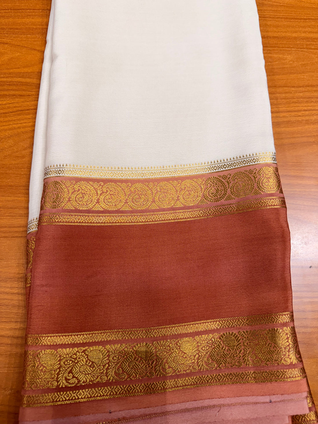 Cream and brown Pure Mysore silk crepe - spray dying