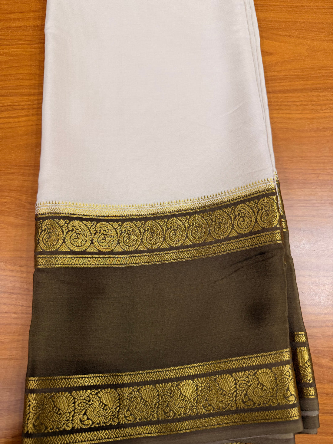 Cream and pastel brown Pure Mysore silk crepe - spray dying