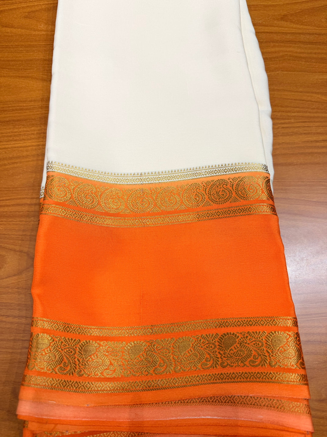 Cream and orange Pure Mysore silk crepe - spray dying
