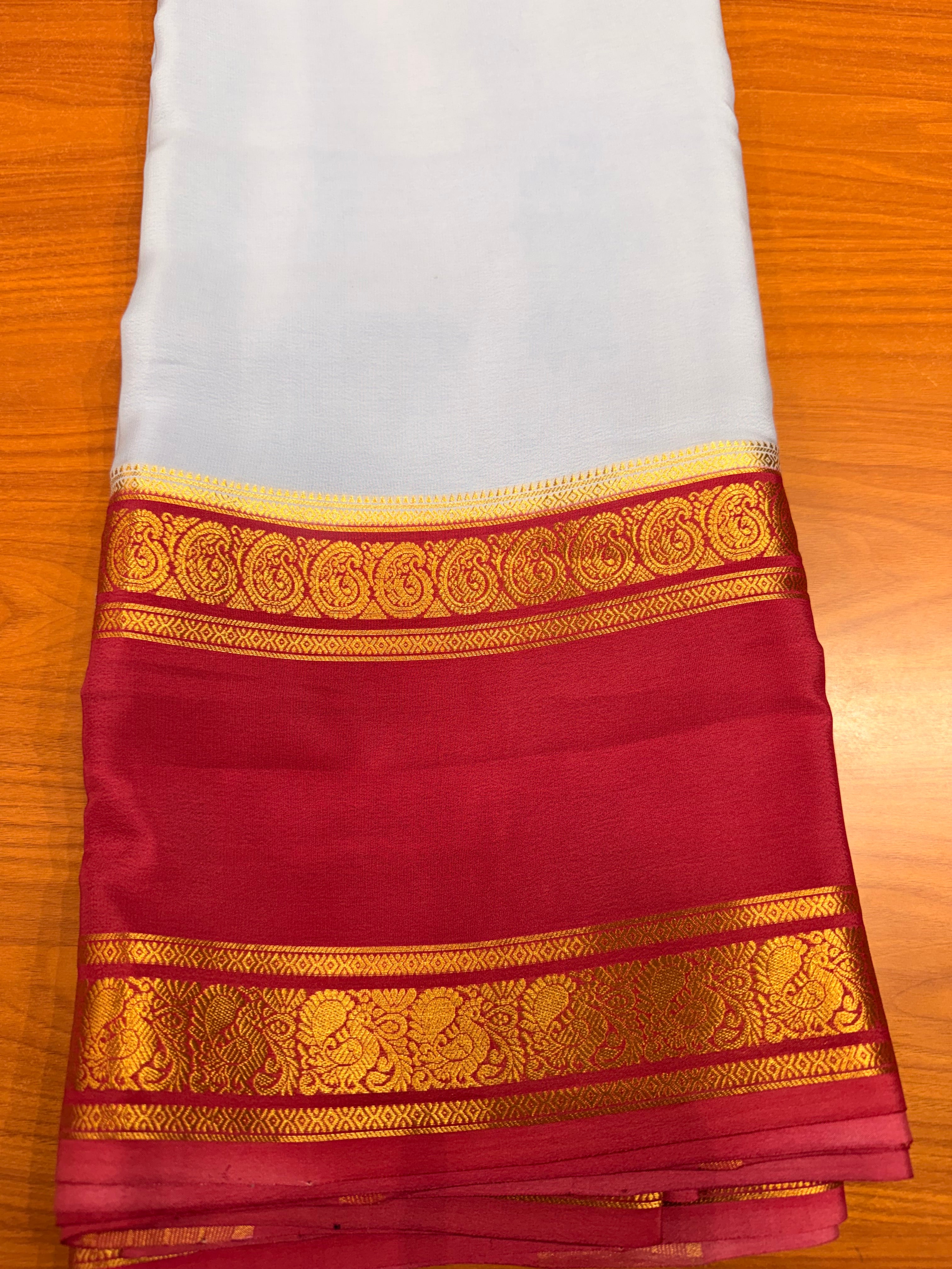Cream and red Pure Mysore silk crepe - spray dying