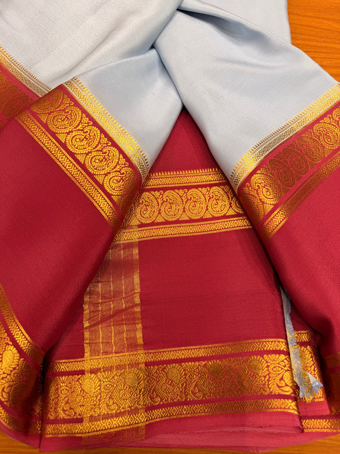 Cream and red Pure Mysore silk crepe - spray dying