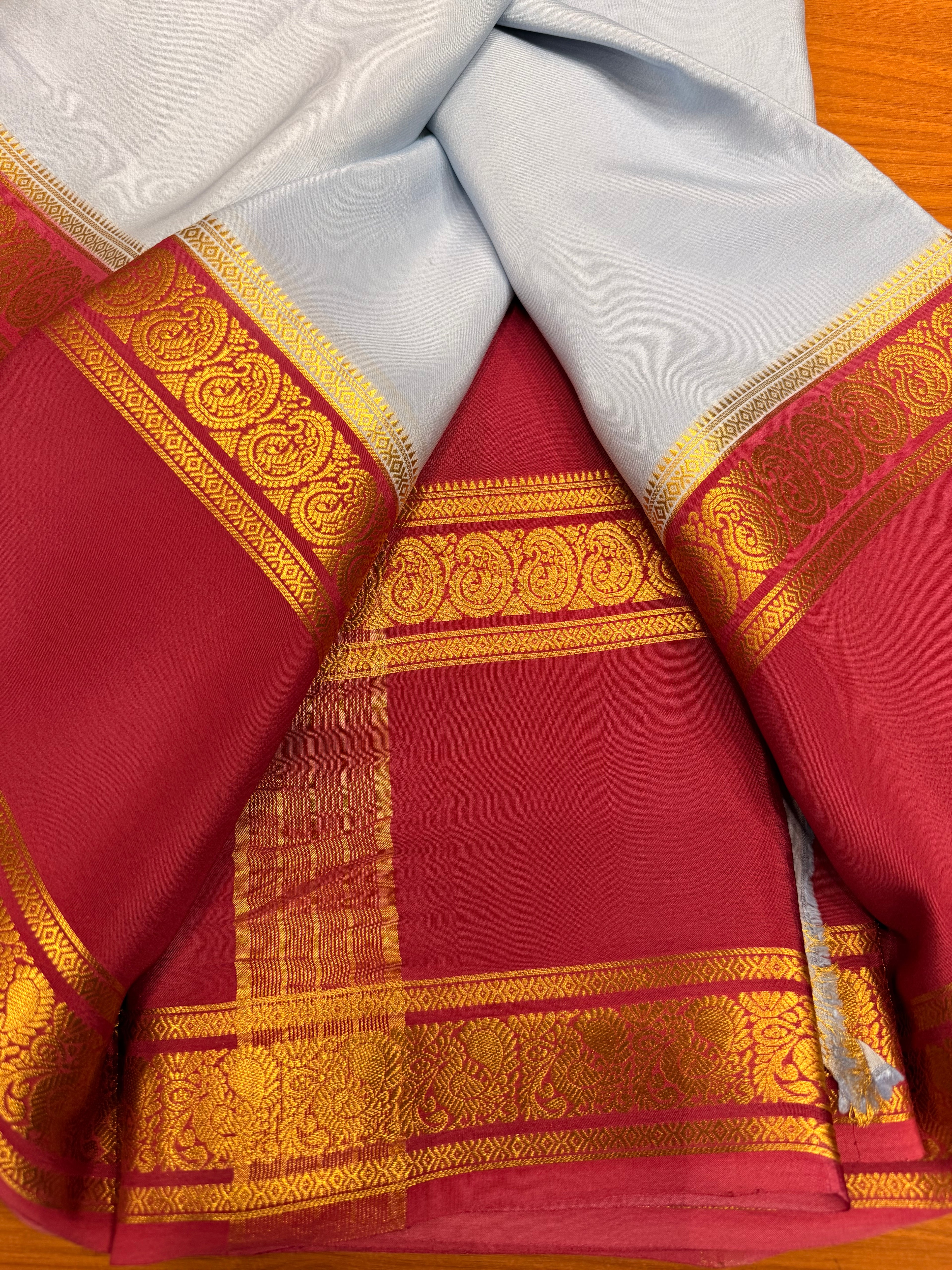 Cream and red Pure Mysore silk crepe - spray dying