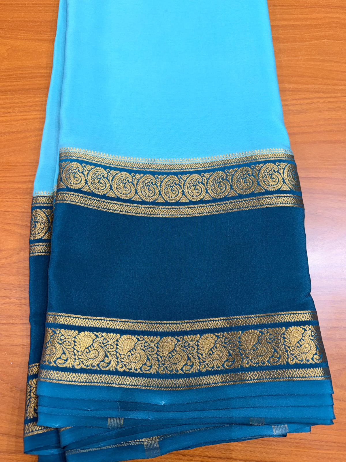 Sky blue and peacock blue Pure Mysore silk crepe - spray dying