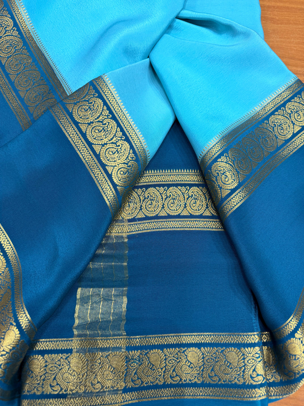 Sky blue and peacock blue Pure Mysore silk crepe - spray dying