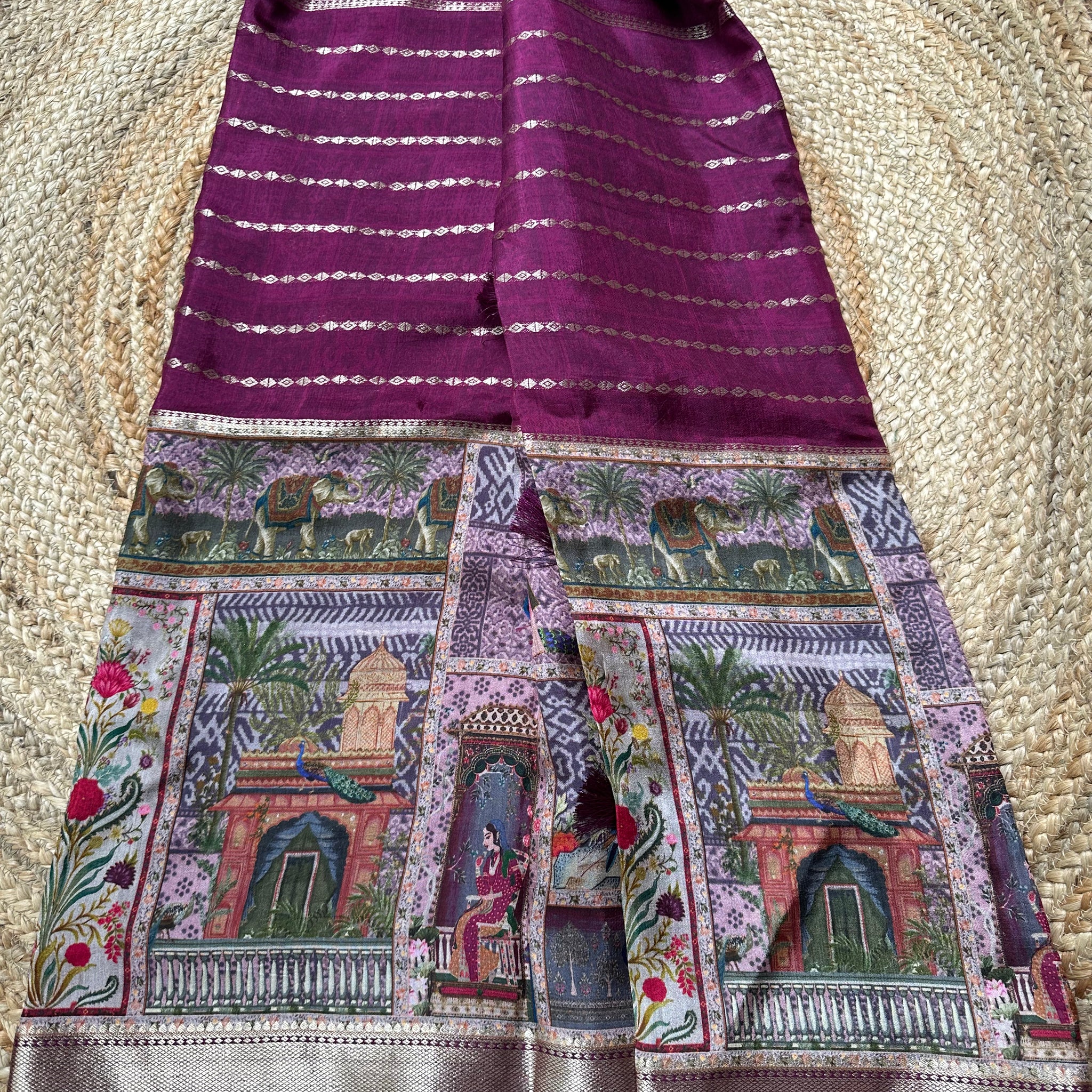 Wine  kalamkari semi crepe sarees.