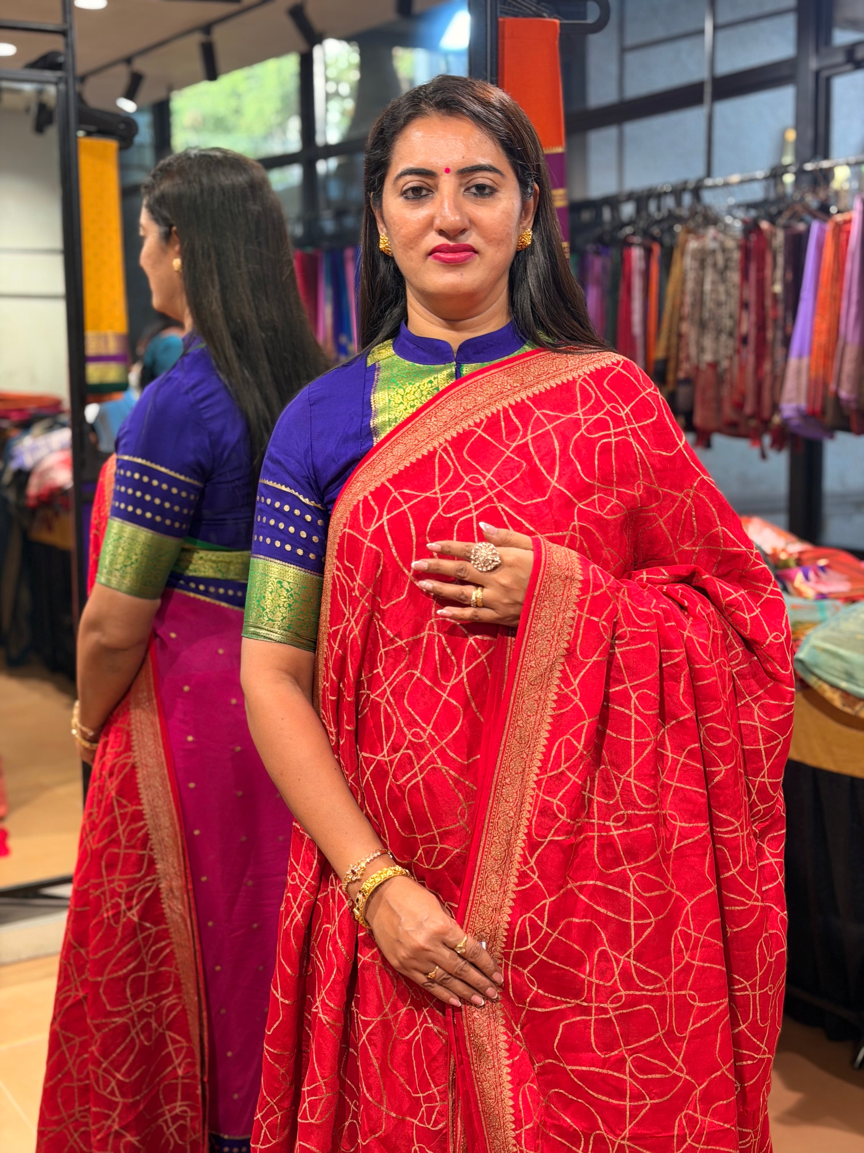Red abstract lines pure crepe Banaras sarees