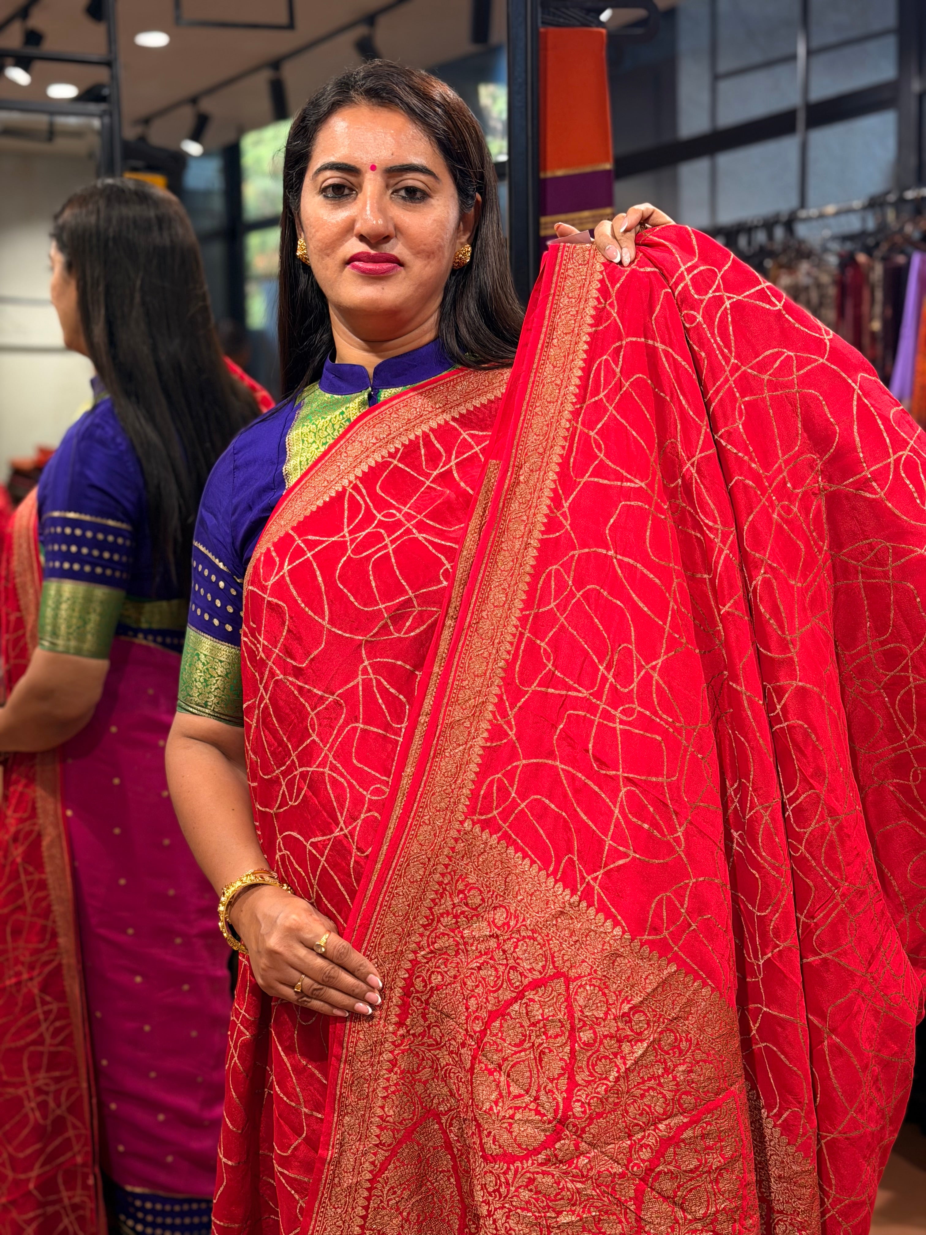 Red abstract lines pure crepe Banaras sarees