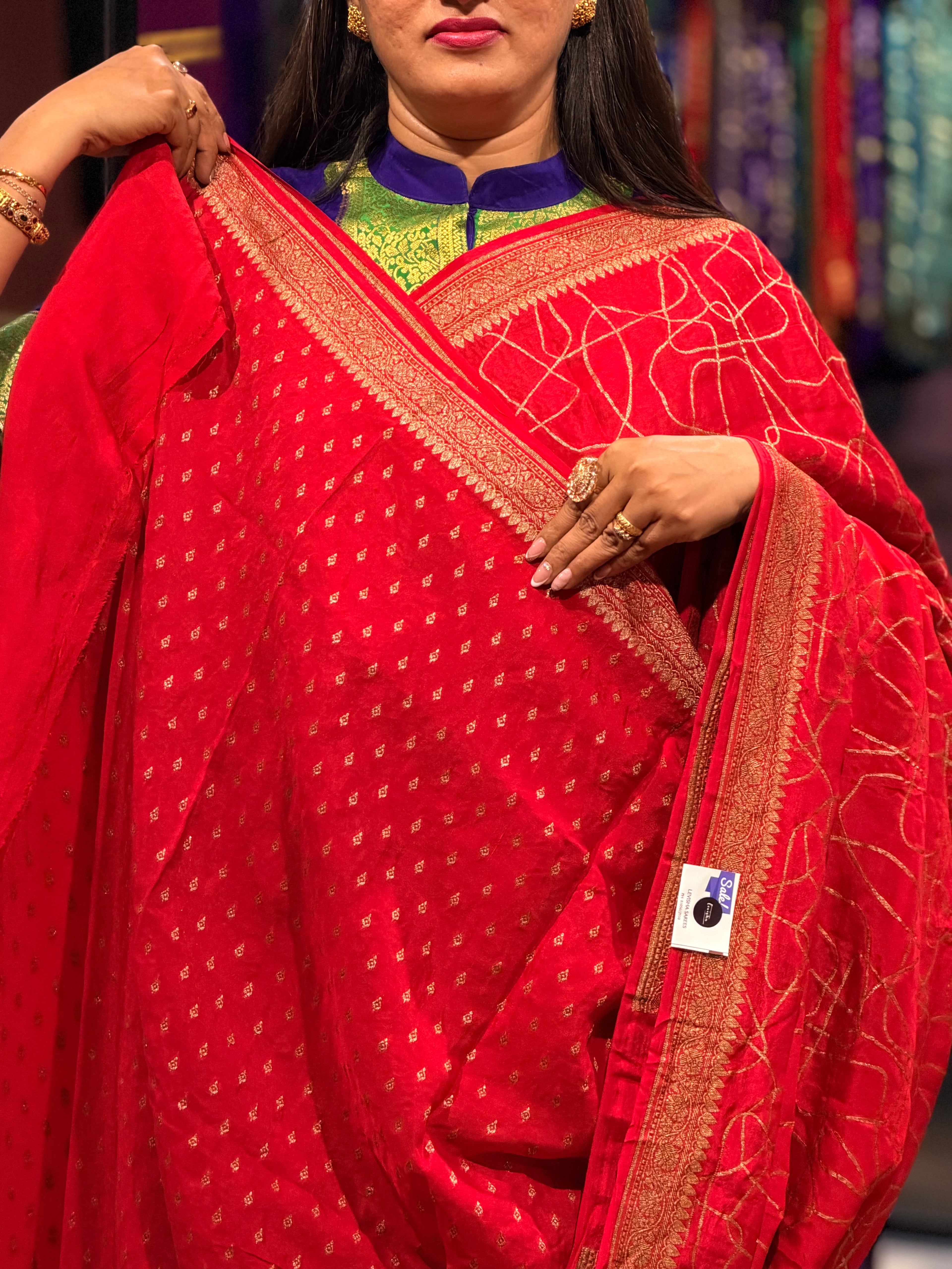Red abstract lines pure crepe Banaras sarees