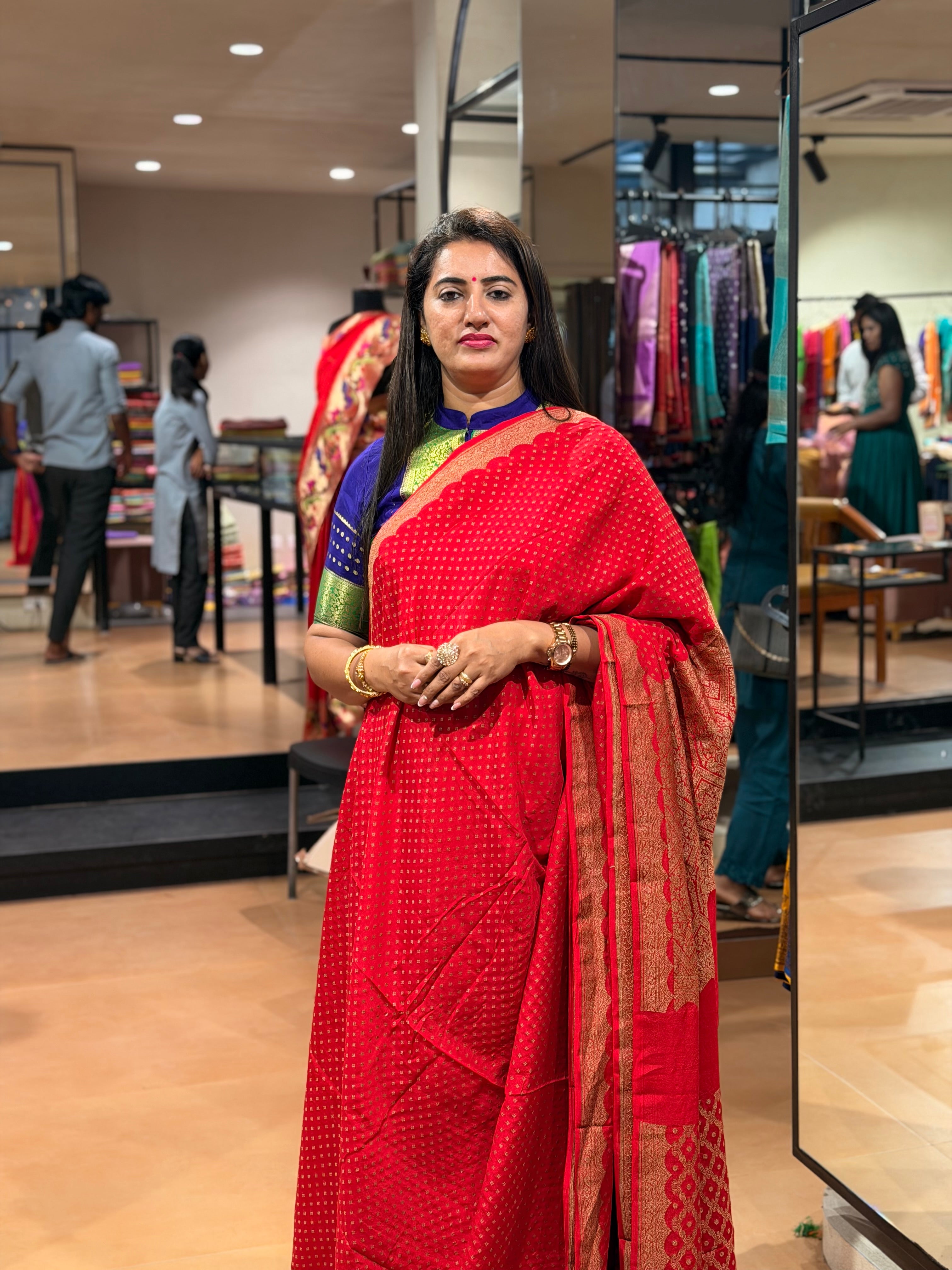 Hot red scallops border pure crepe Banaras sarees