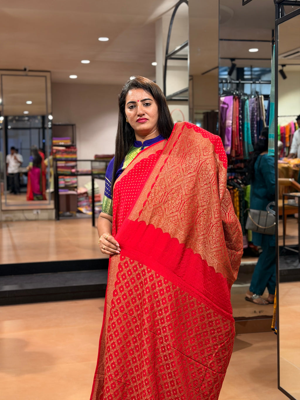 Hot red scallops border pure crepe Banaras sarees