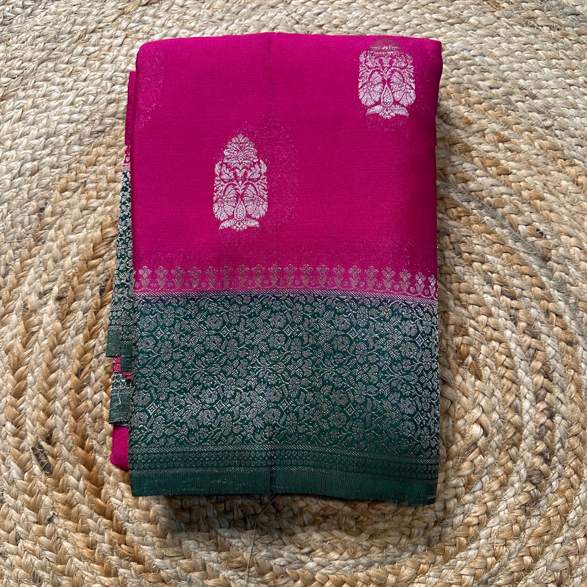Pink with dark green soft crepe big butta