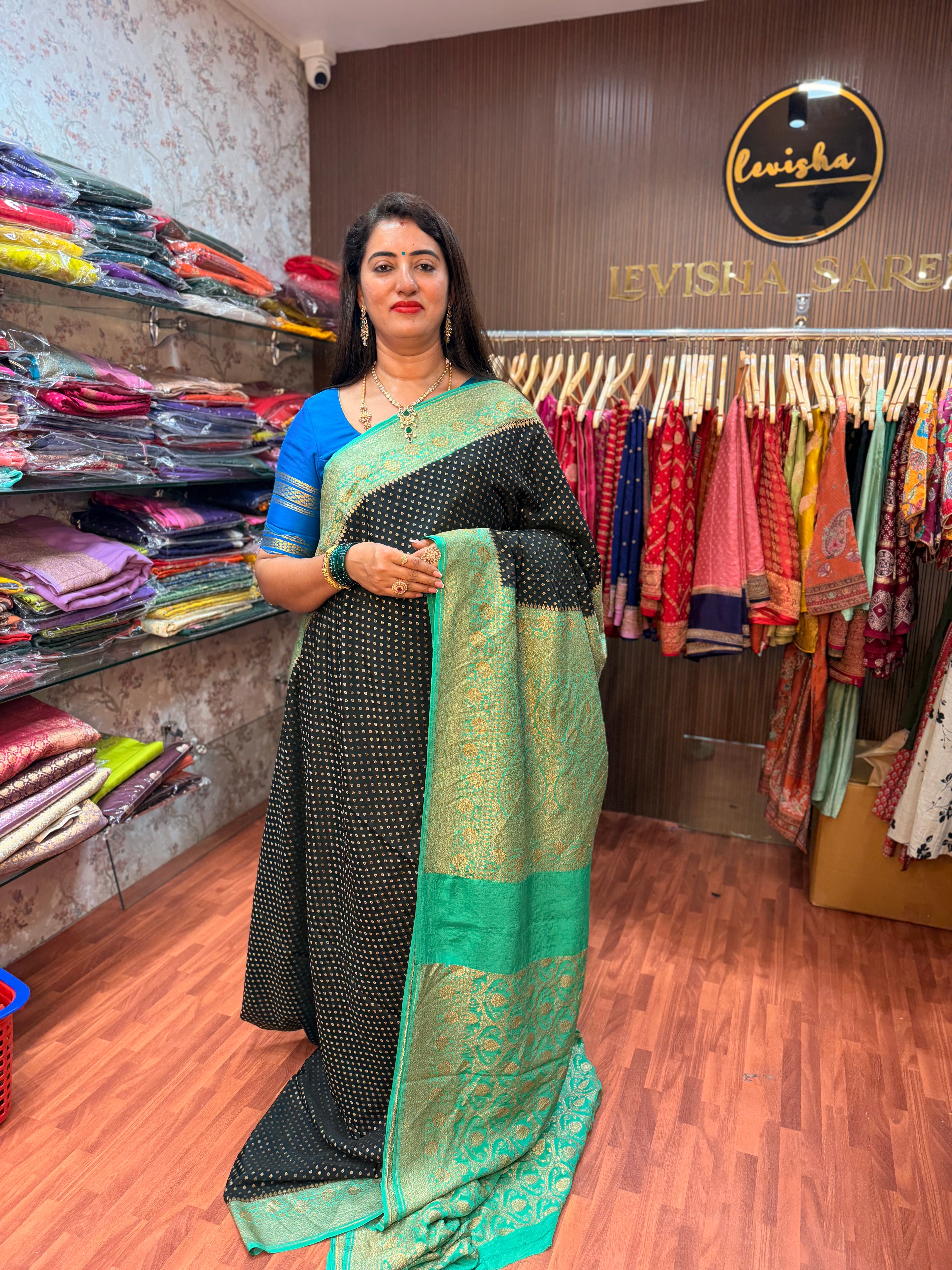 Black and sea green pure crepe Banaras silk sarees