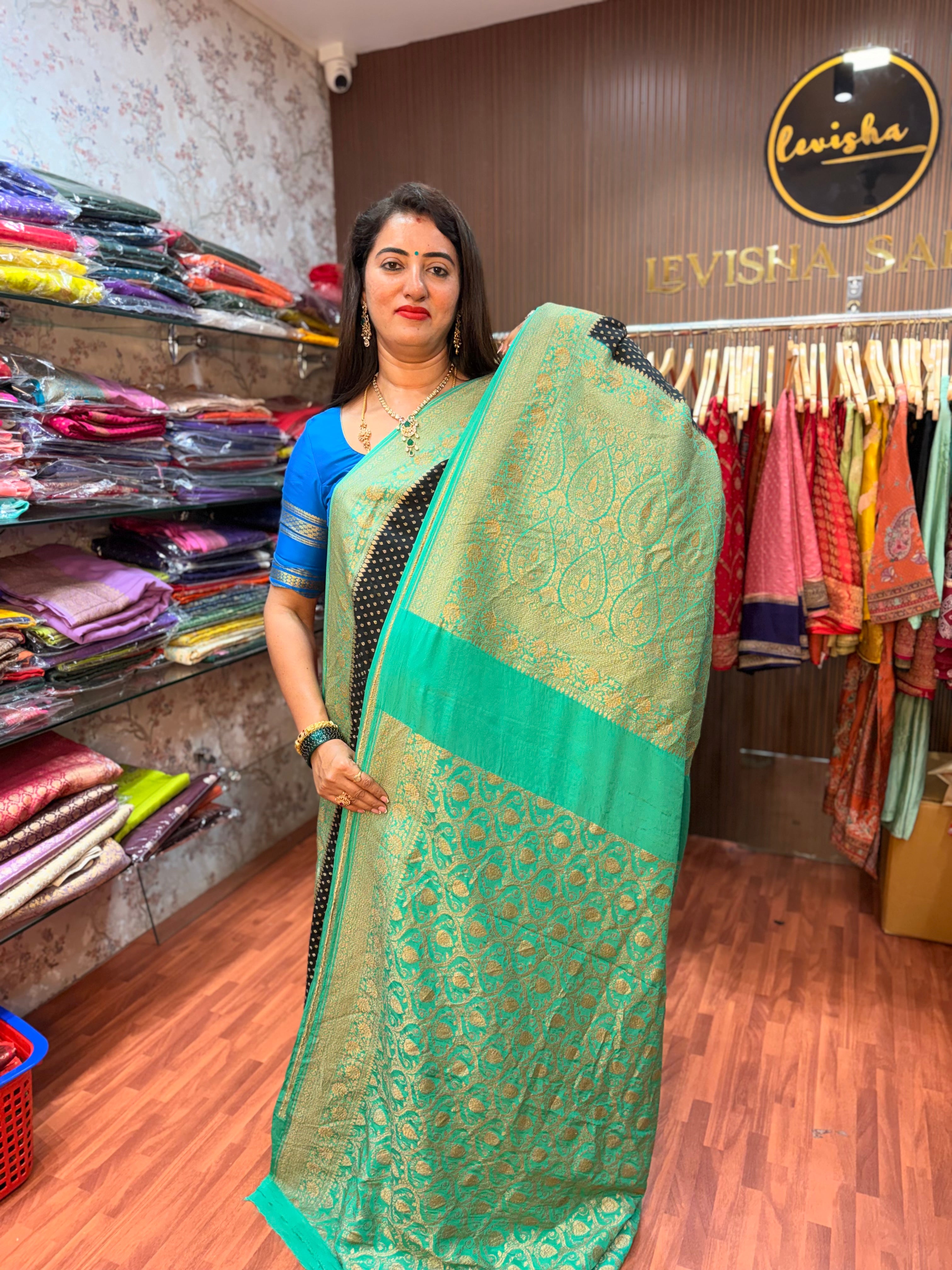 Black and sea green pure crepe Banaras silk sarees