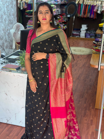 Black and pink green 3D pure crepe Banaras silk sarees
