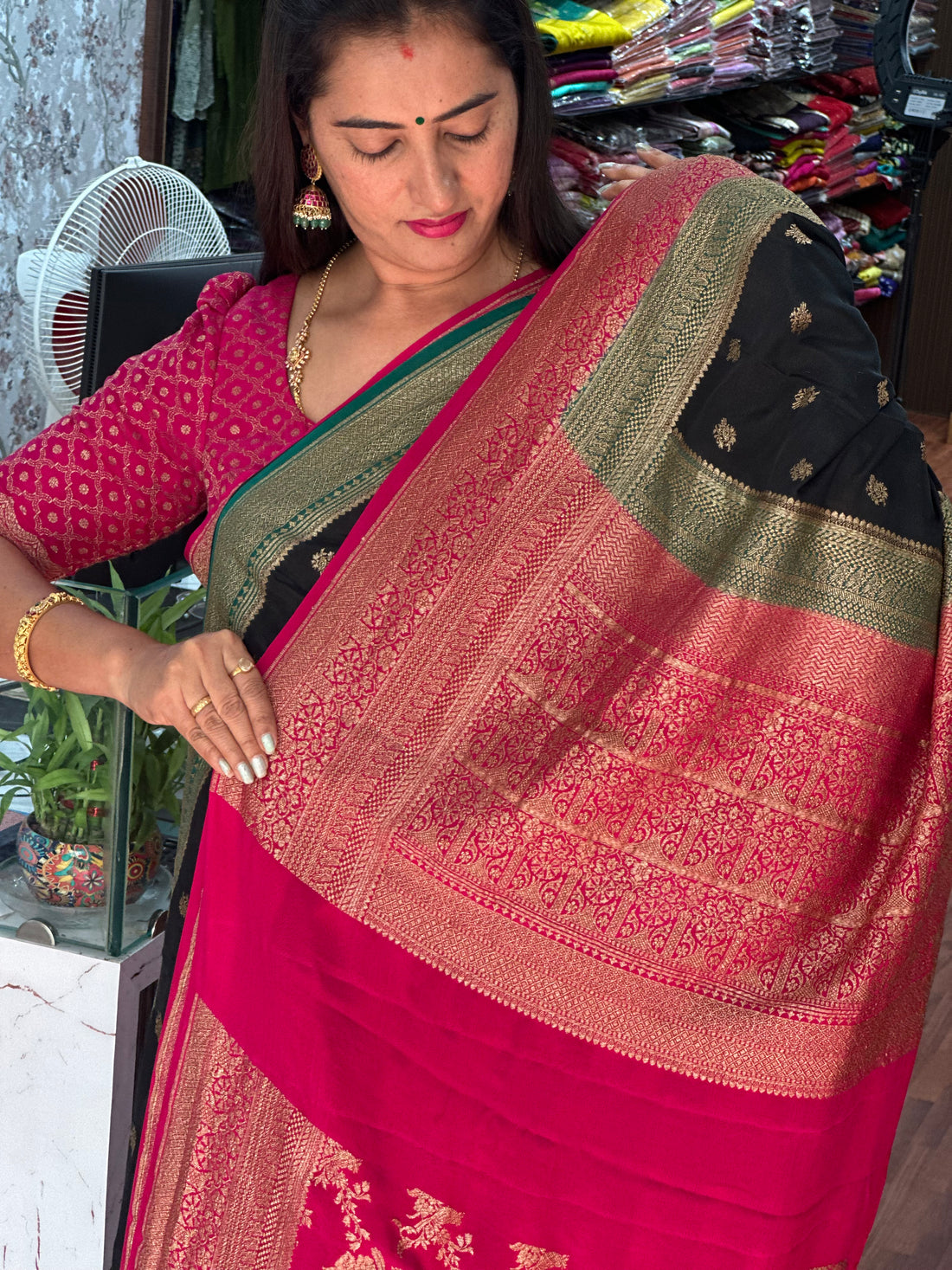 Black and pink green 3D pure crepe Banaras silk sarees