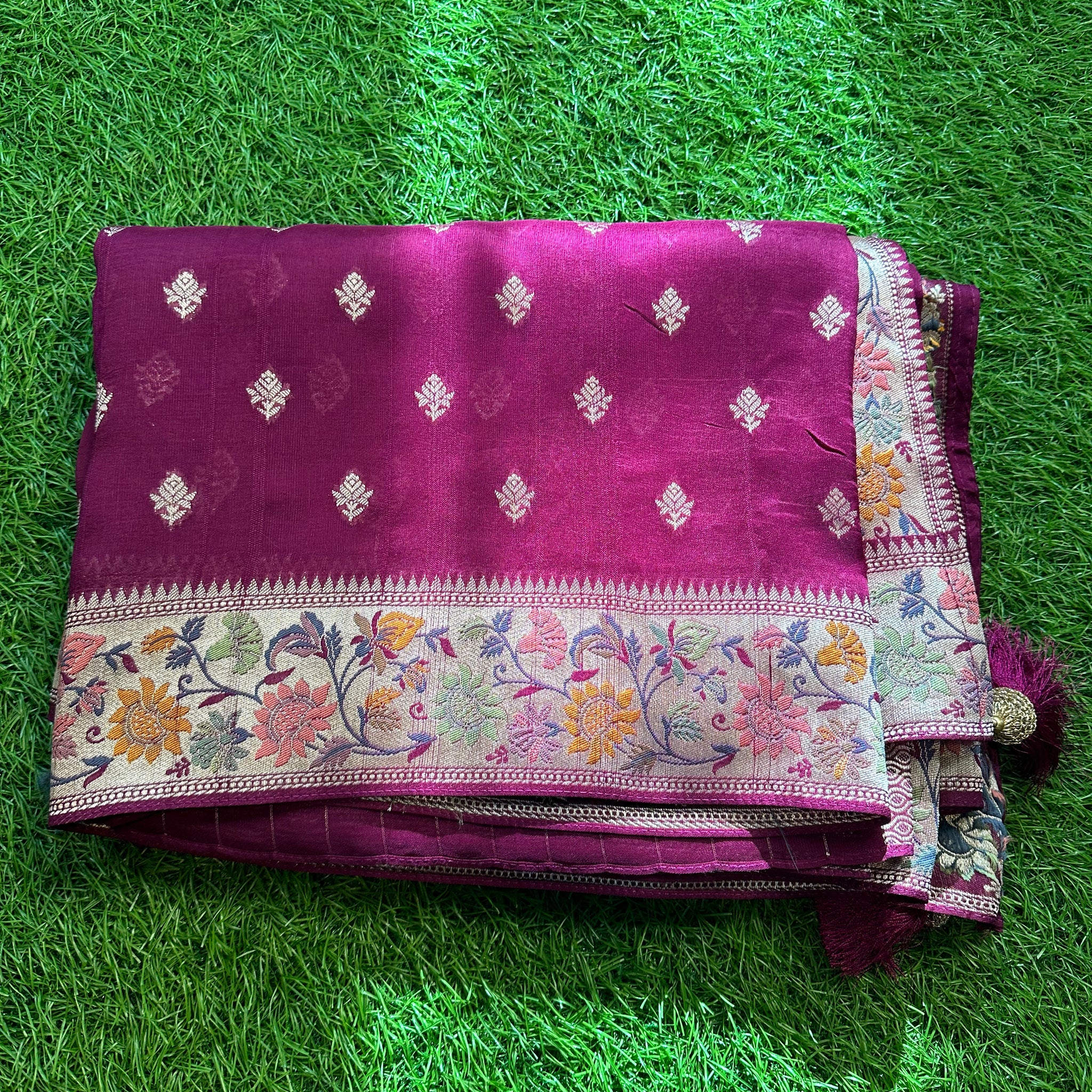 Purple pure moonga tusser with Paithani border