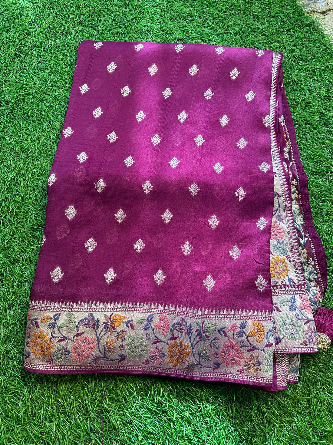 Purple pure moonga tusser with Paithani border