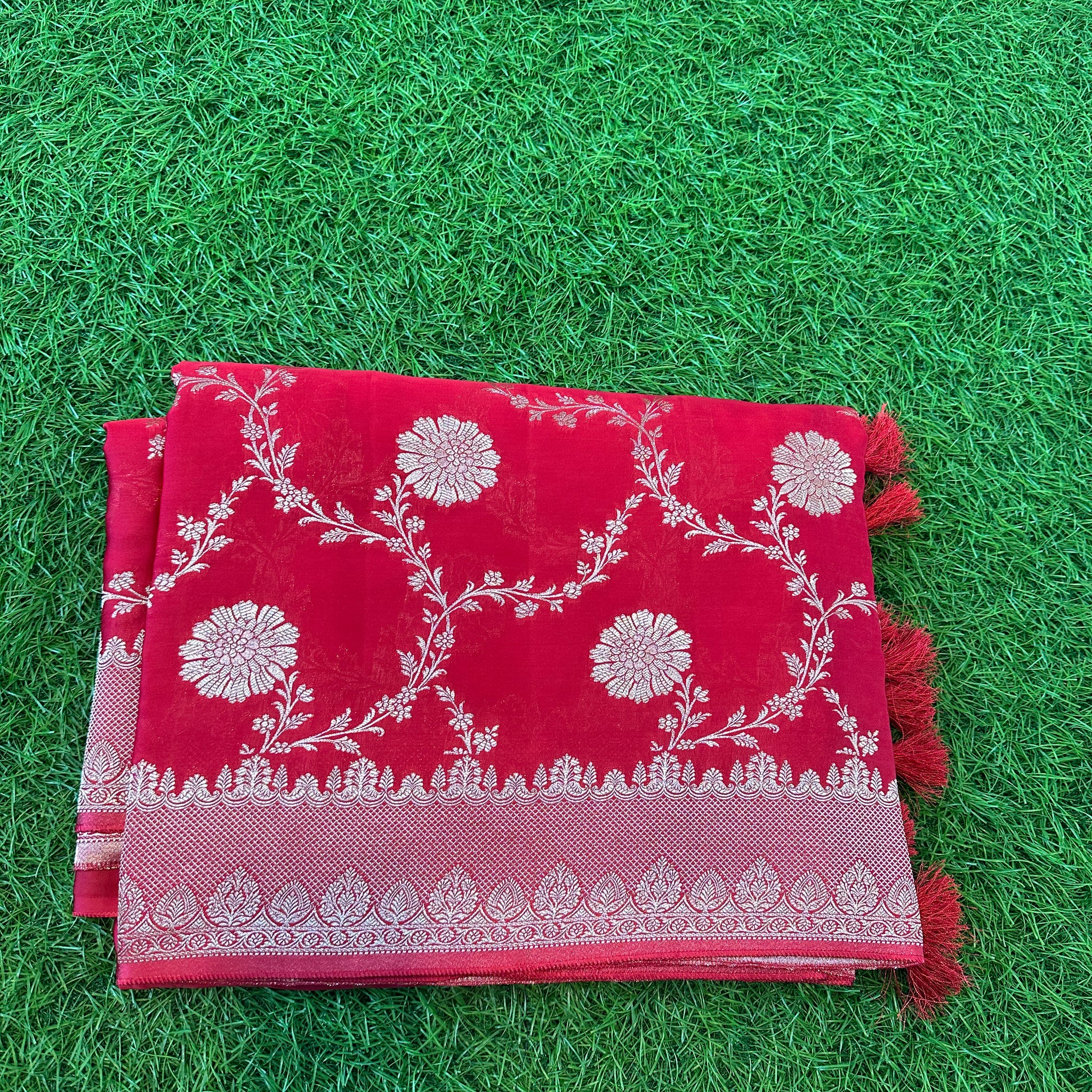 Red pure satin silk with jaal pattern