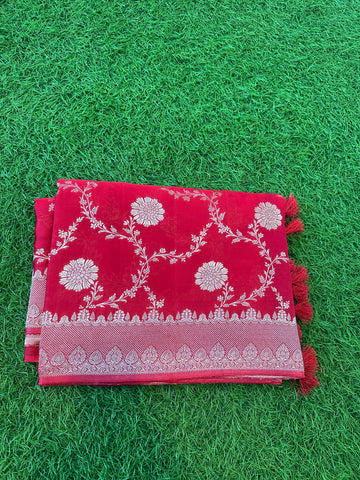 Red pure satin silk with jaal pattern