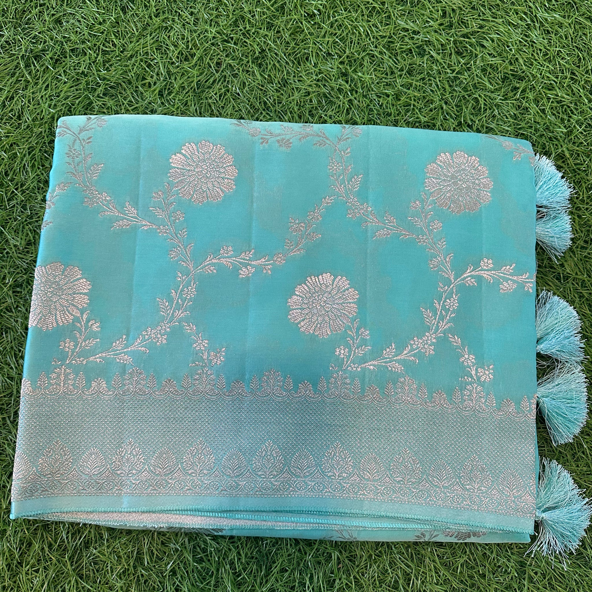 Sky blue pure satin silk with jaal pattern