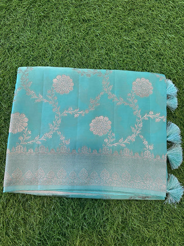 Sky blue pure satin silk with jaal pattern