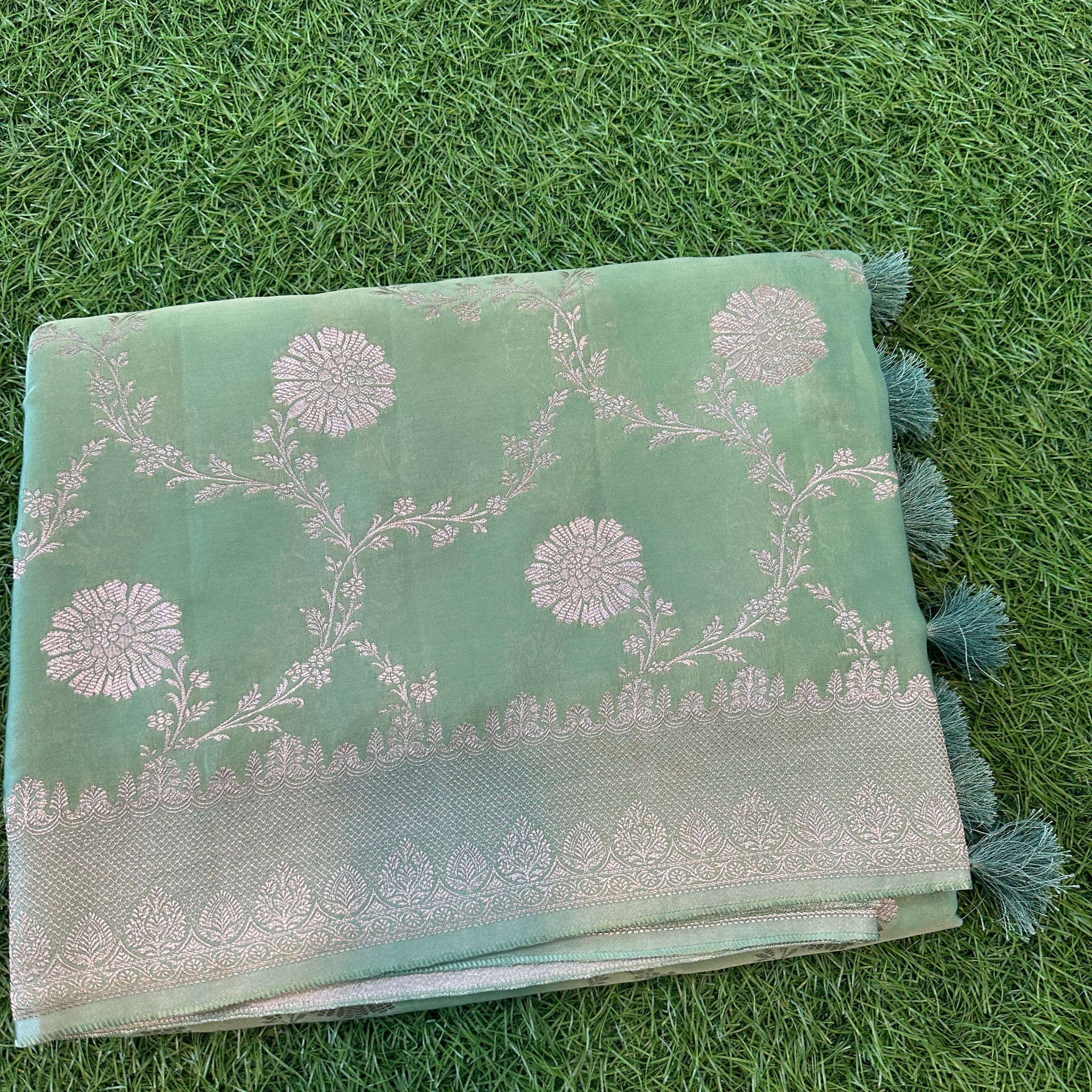 Pastel pista green pure satin silk with jaal pattern