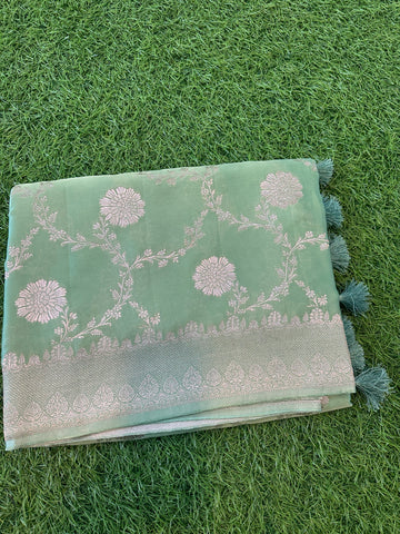 Pastel pista green pure satin silk with jaal pattern