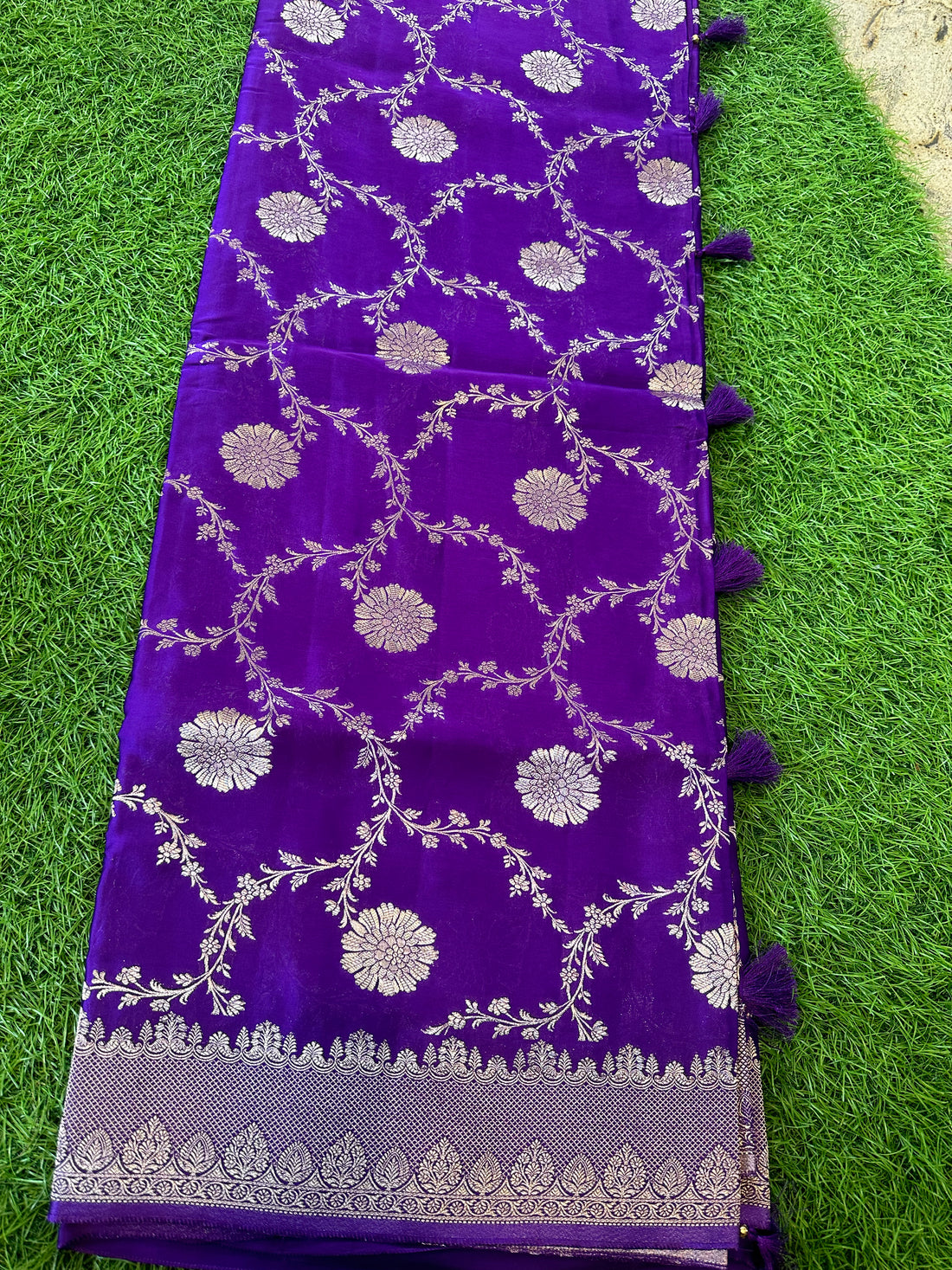 Purple pure satin silk with jaal pattern