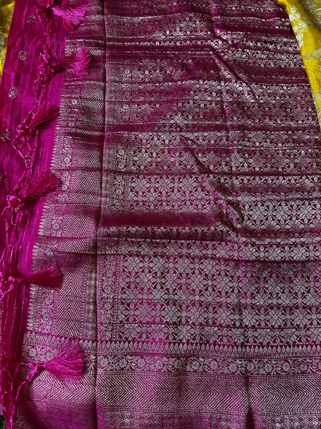 Crushed georgette in jaal pattern.lemon yellow with pink combination.