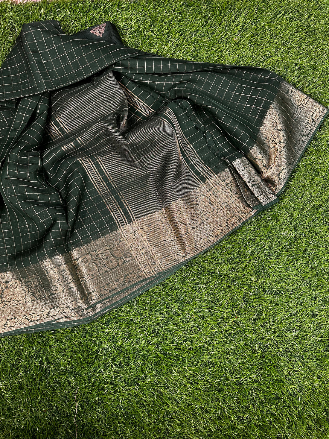 Green semi crepe in checks pattern