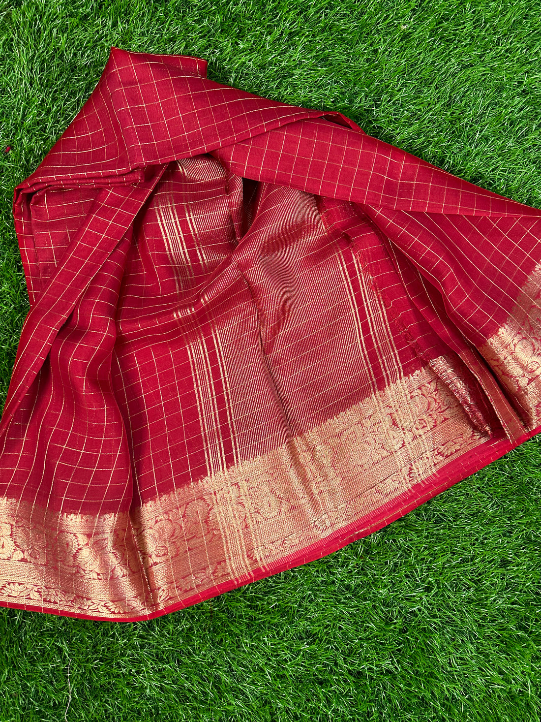 Red semi crepe in checks pattern