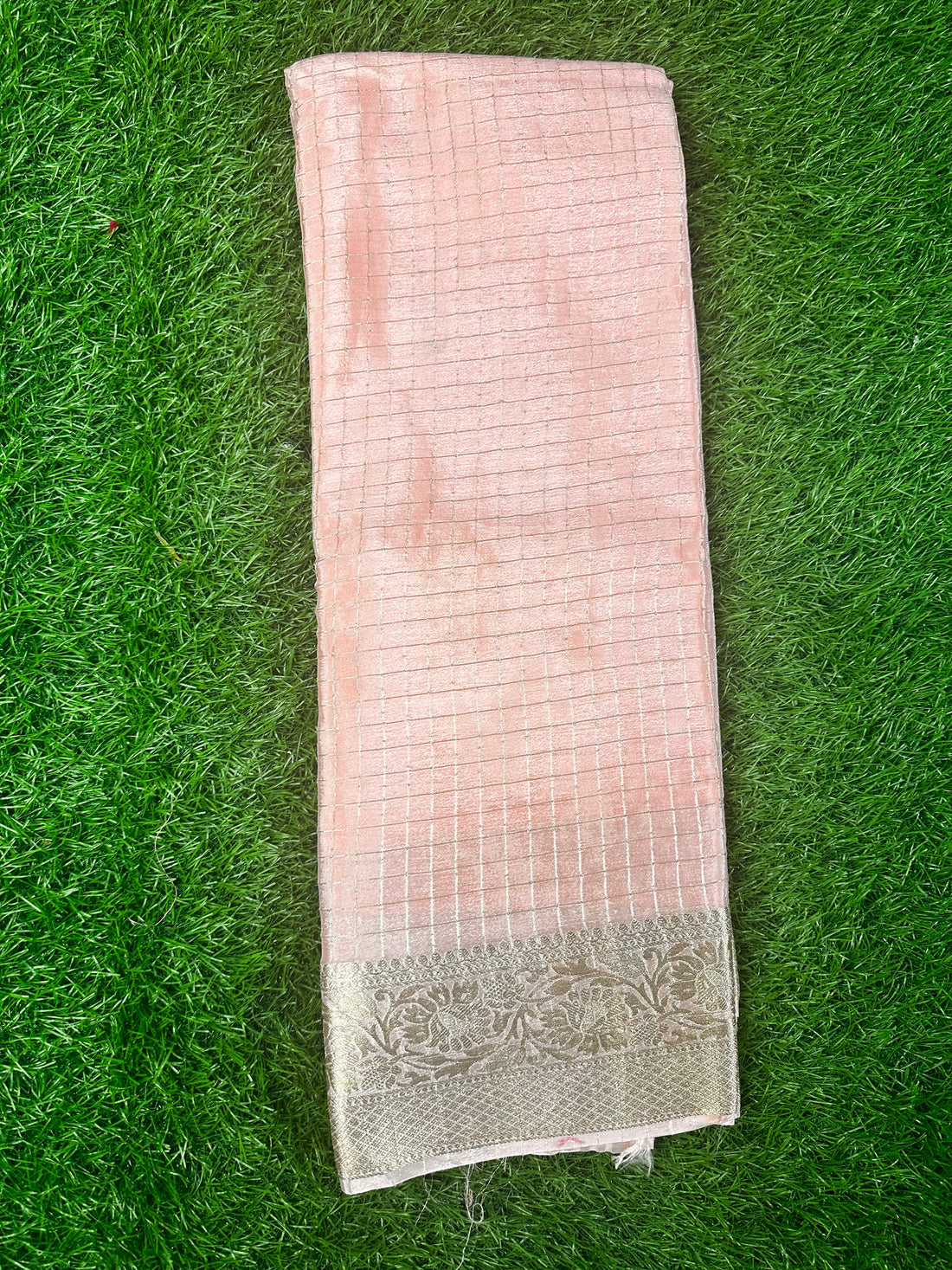 Baby pink semi crepe in checks pattern