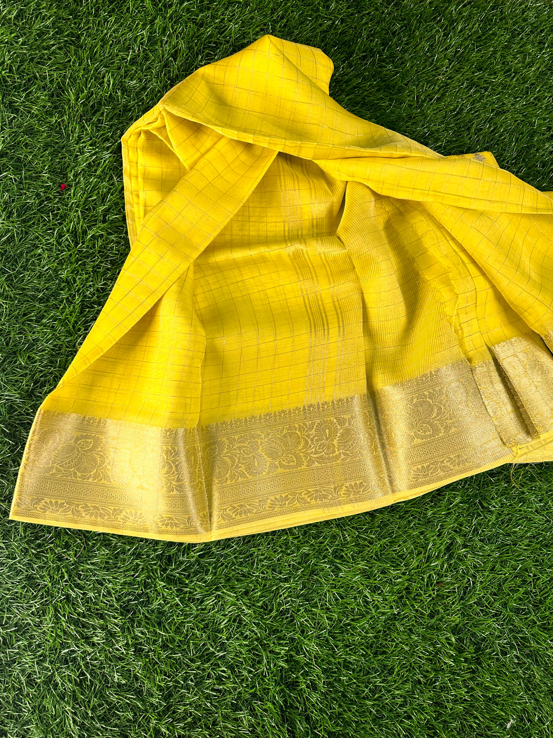 Yellow semi crepe in checks pattern