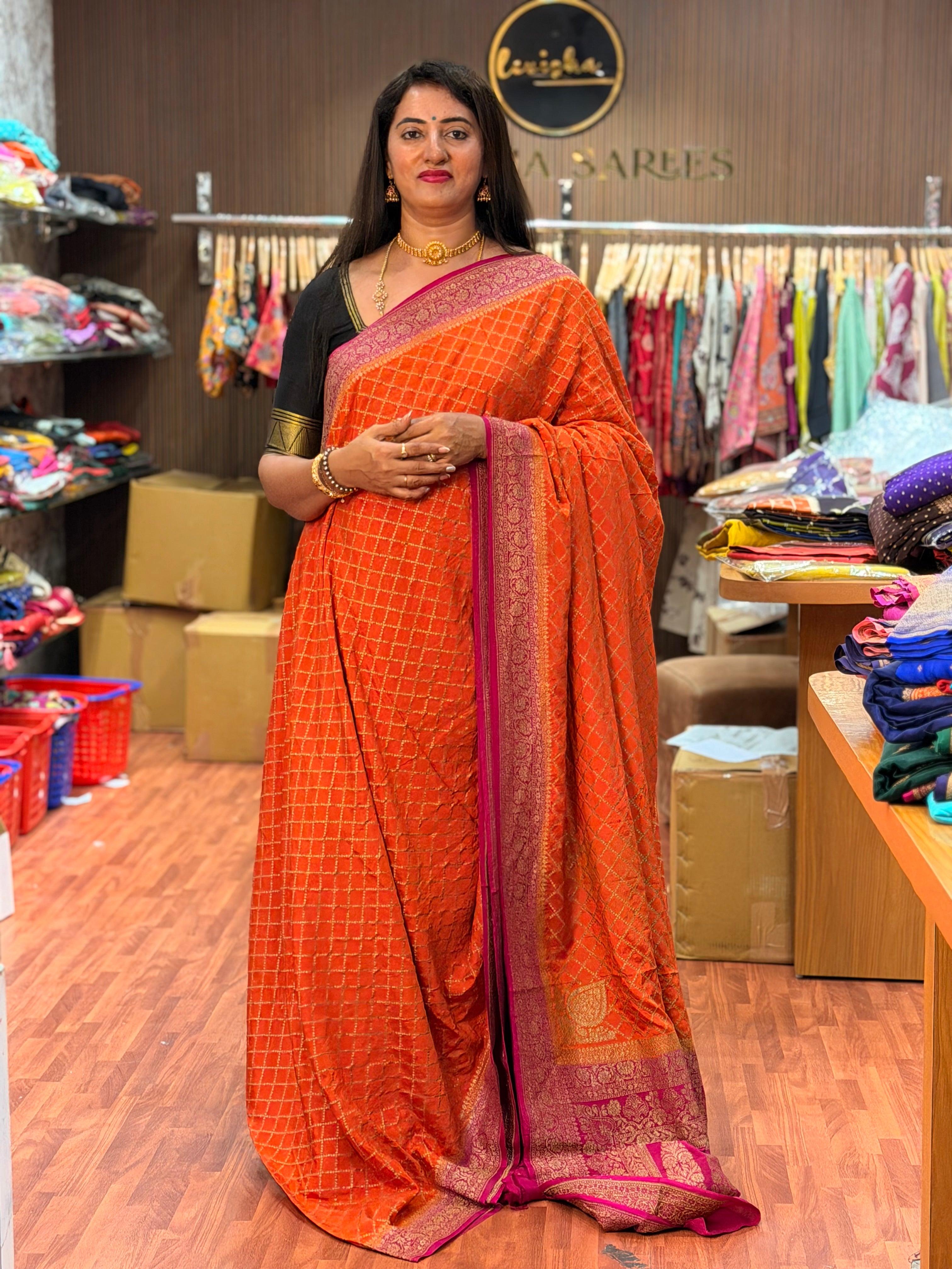 Orange and pink pure crepe Banaras sarees