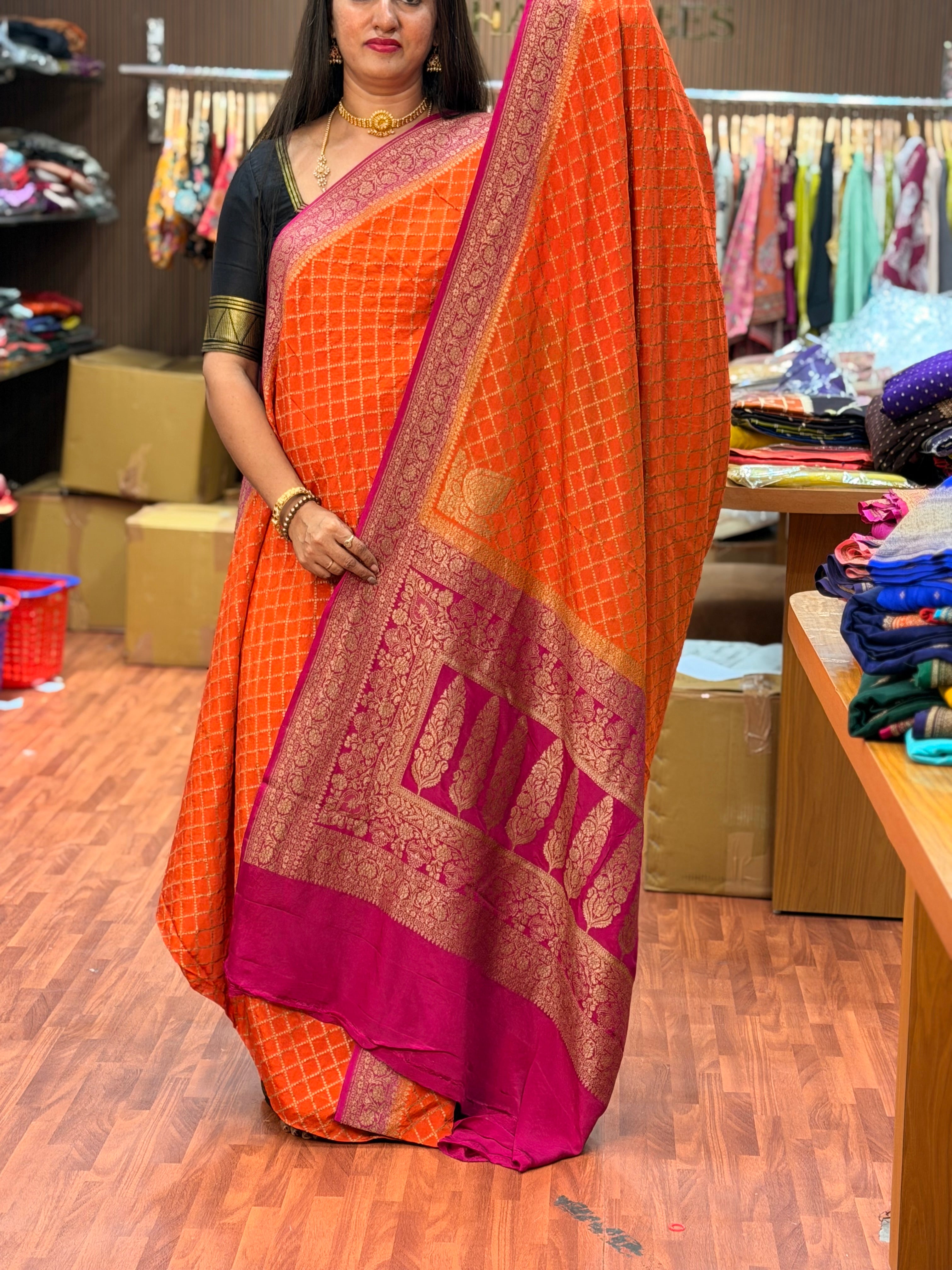 Orange and pink pure crepe Banaras sarees