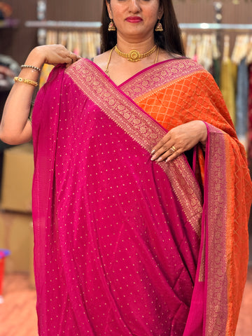 Orange and pink pure crepe Banaras sarees