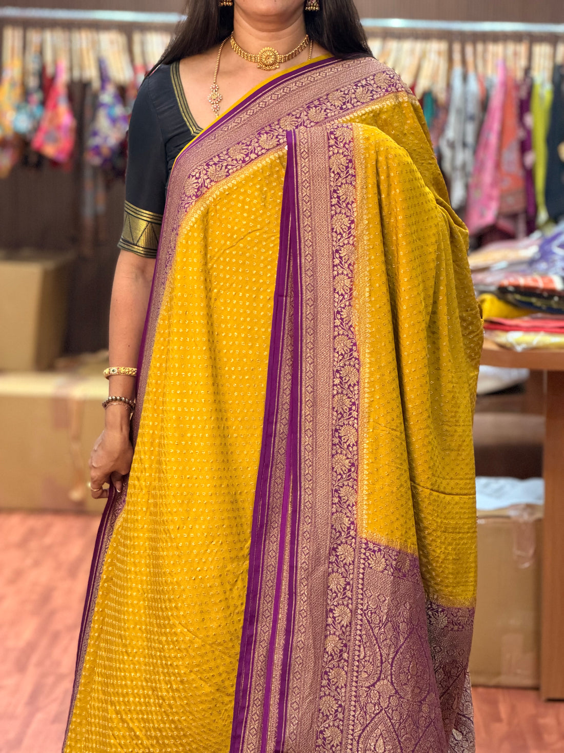 Golden mustard and purple pure crepe Banaras