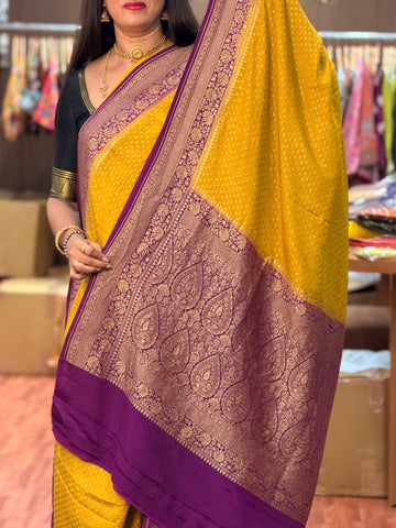 Golden mustard and purple pure crepe Banaras