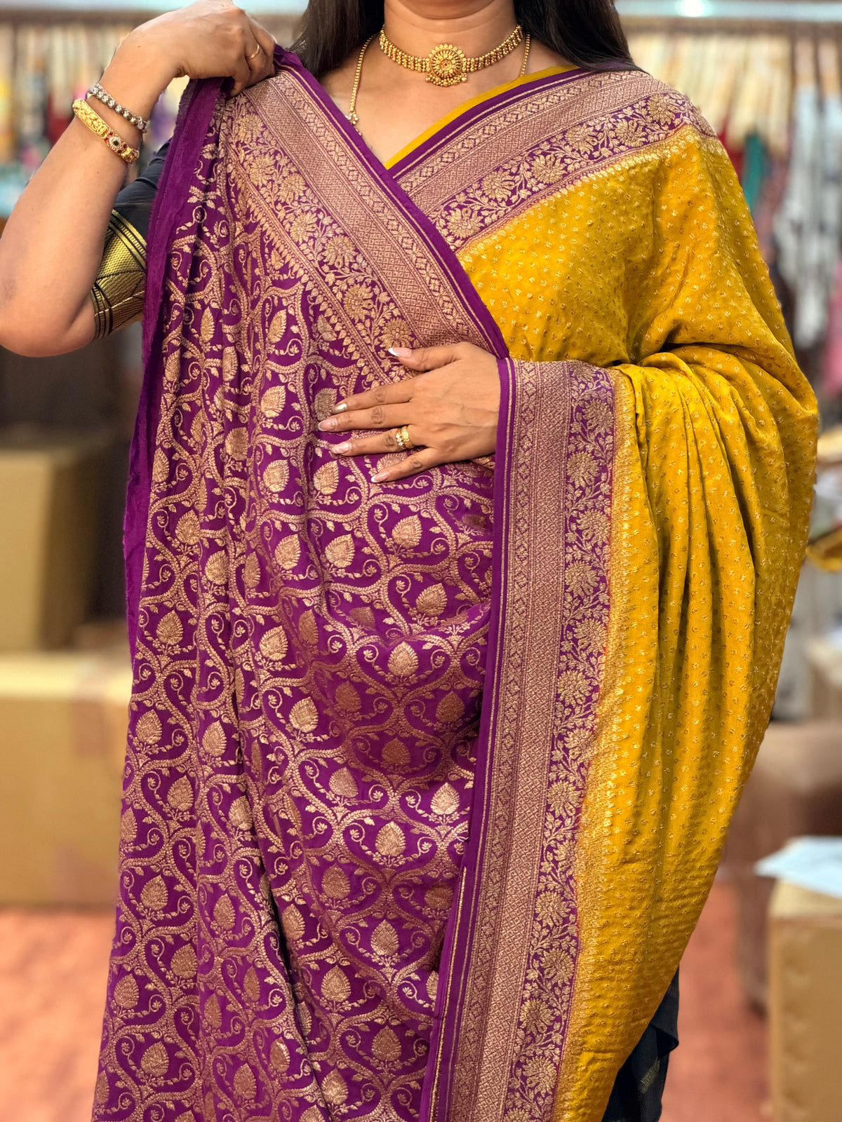 Golden mustard and purple pure crepe Banaras