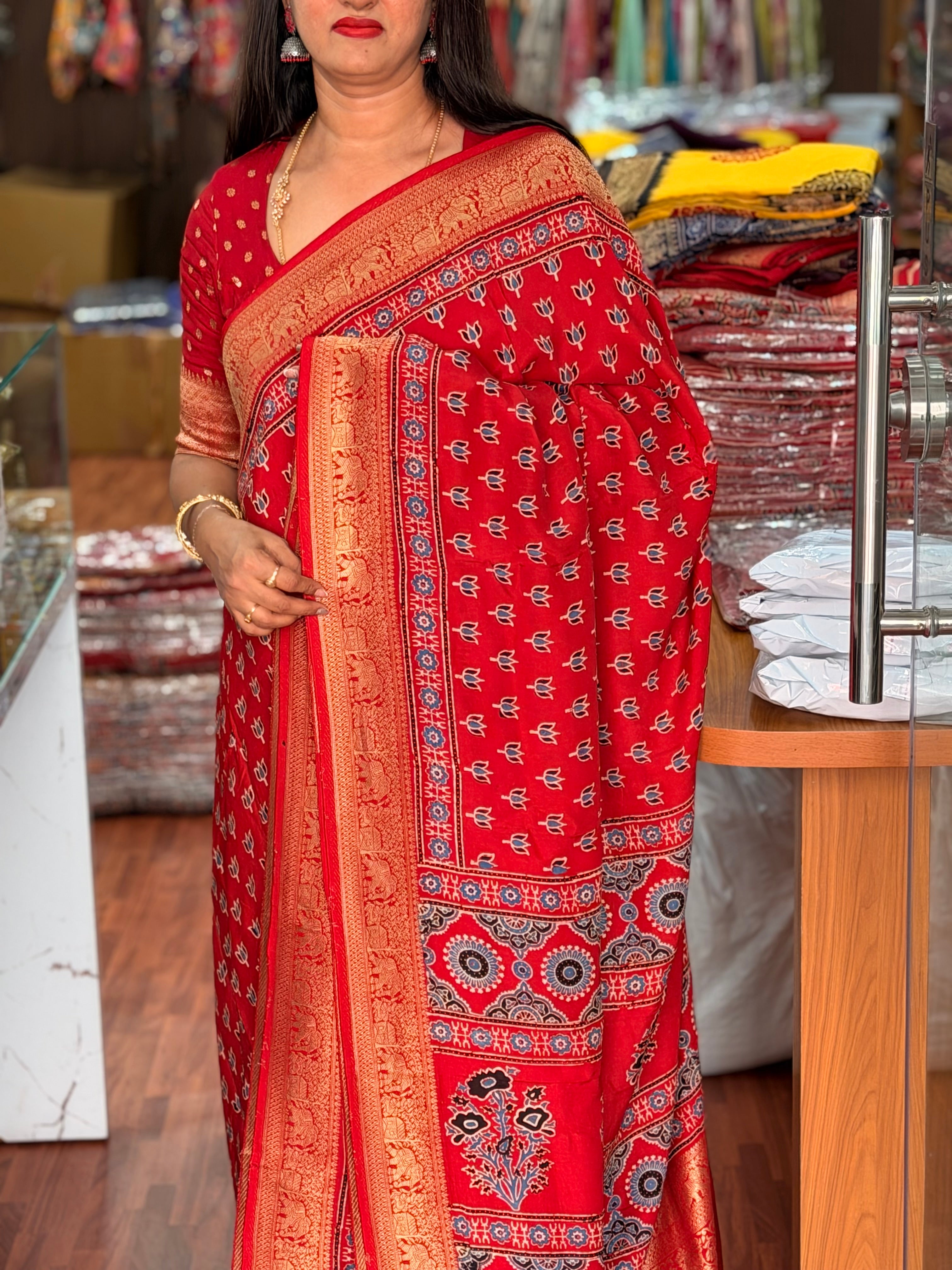 Red lotus ajrak dola silk