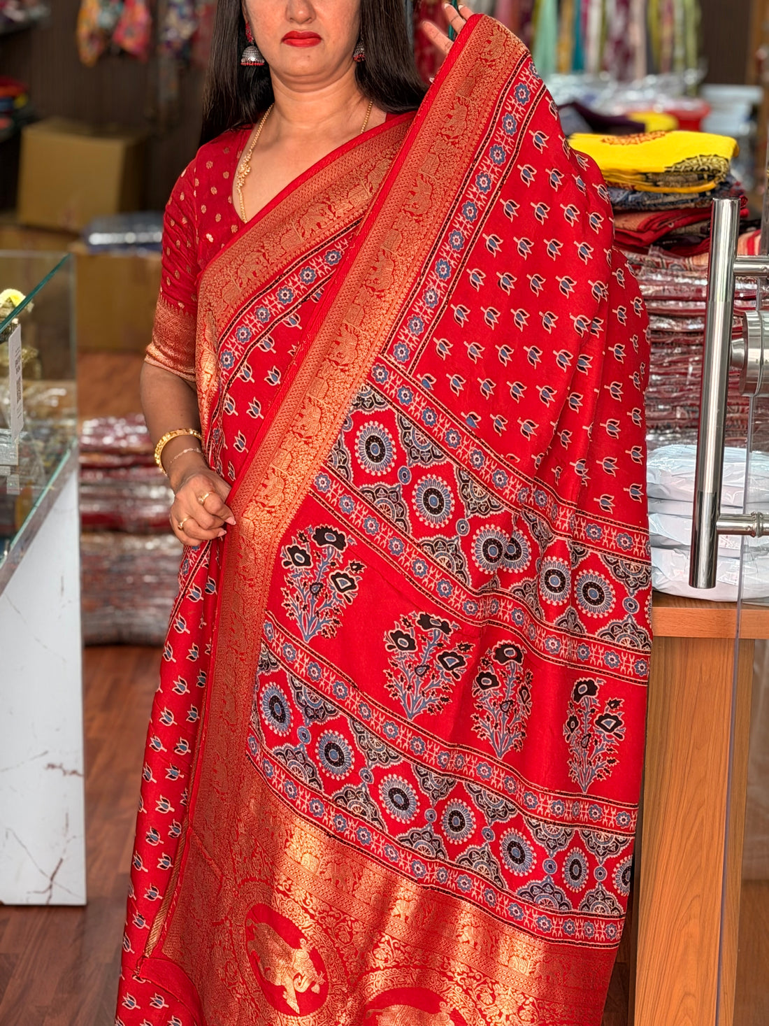 Red lotus ajrak dola silk