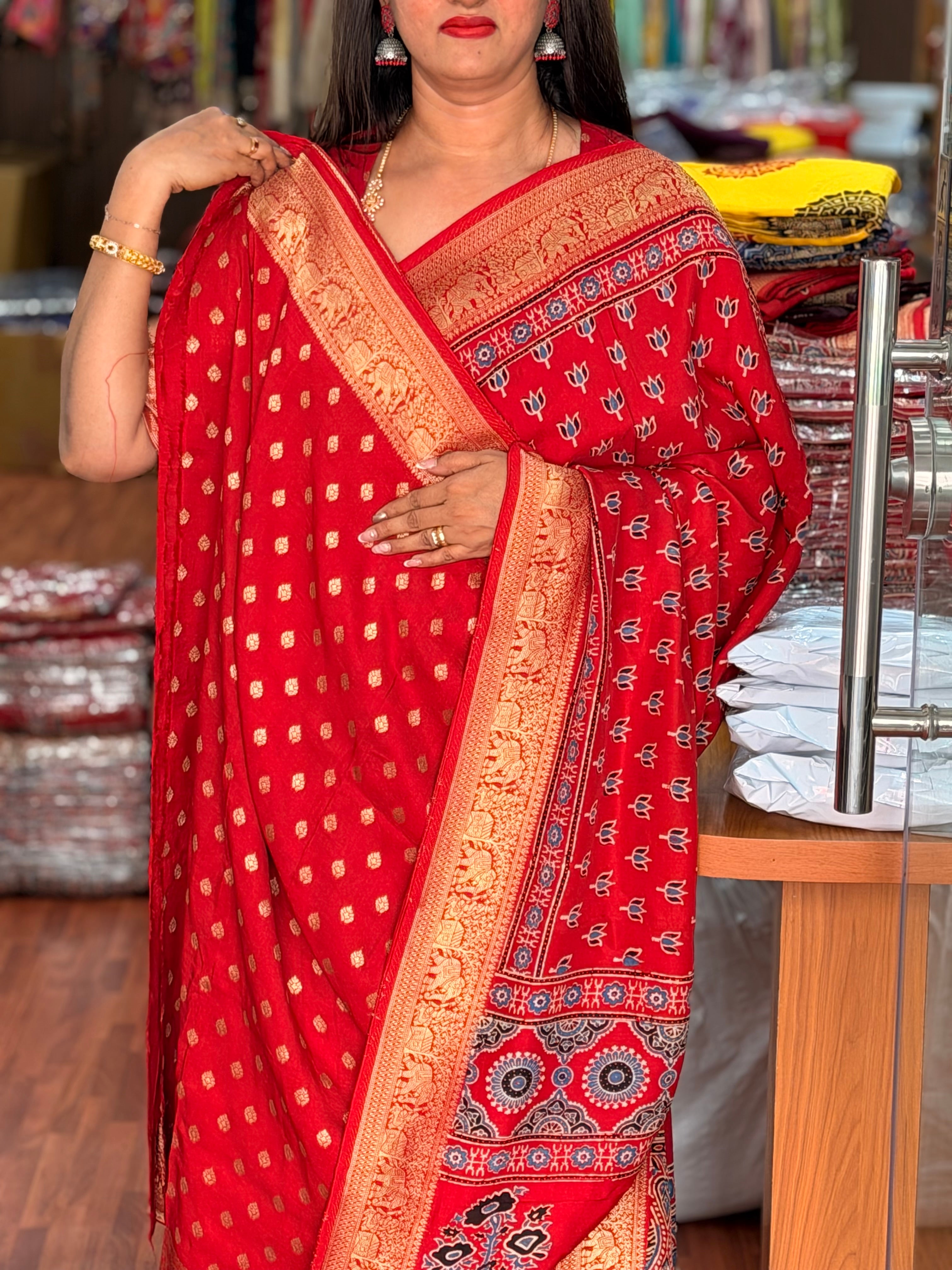 Red lotus ajrak dola silk